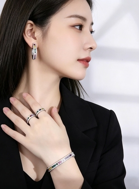 法式轻奢高档彩宝手环手镯双面渐变微镶彩虹锆石耳环个性气质套装