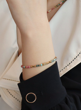 法式轻奢天然石串珠项链轻奢小众复古红纹石叠戴钛钢高级感项链女