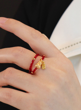 国潮新款马上有钱戒指小众高级感弹力红尖晶串珠指环葫芦双圈戒指