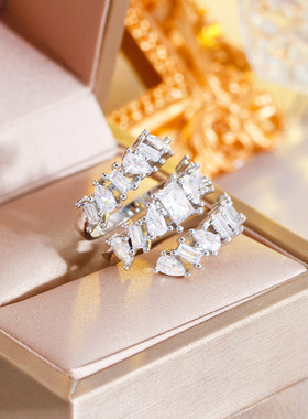 欧美时尚小众简约潮流酷炫ins设计不规则多层锆石开口可调节戒指