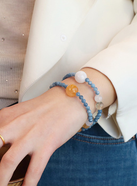 法式轻奢原创天然海蓝宝手链黄水晶双圈手串显白气质女款水晶手链