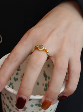 天然石指环食指戒饰品国风手工串珠弹力女戒指批发天然石中古复古