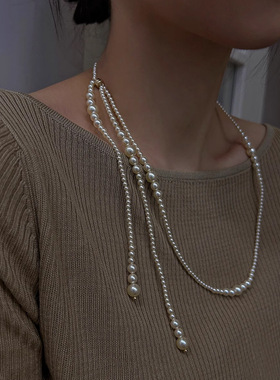 欧美秋冬新款渐变设计感珍珠毛衣链长款项链配饰女轻奢小众高级感