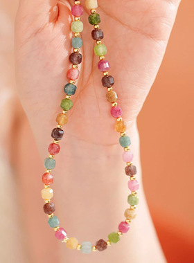天然碧玺彩虹小方糖多巴胺项链秋冬毛衣链轻奢高级感时尚串珠颈链