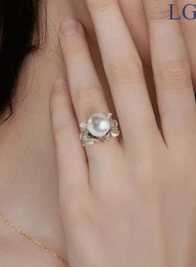 正圆极强珠光天然珍珠戒指