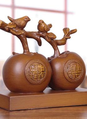 实木雕好事连连柿子摆件新中式客厅博古架酒柜装饰品乔迁新居礼品