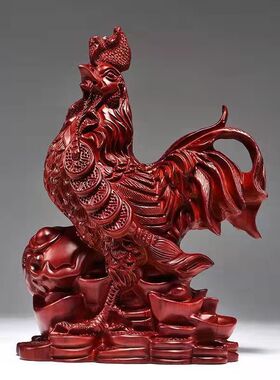 红花梨木雕鸡摆件三合十二生肖实木鸡红木家居客厅装饰开业送礼品