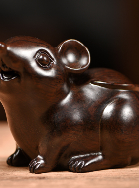 实木老鼠摆件木头木雕十二生肖鼠补角手工红木家居装饰小工艺品