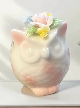 德化陶瓷手捏花朵艺术摆件创意家居插花装饰品陶瓷花猫头鹰摆件