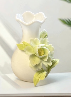 小清新陶瓷手捏花朵艺术摆件创意家居插花装饰品绿荷花小花瓶