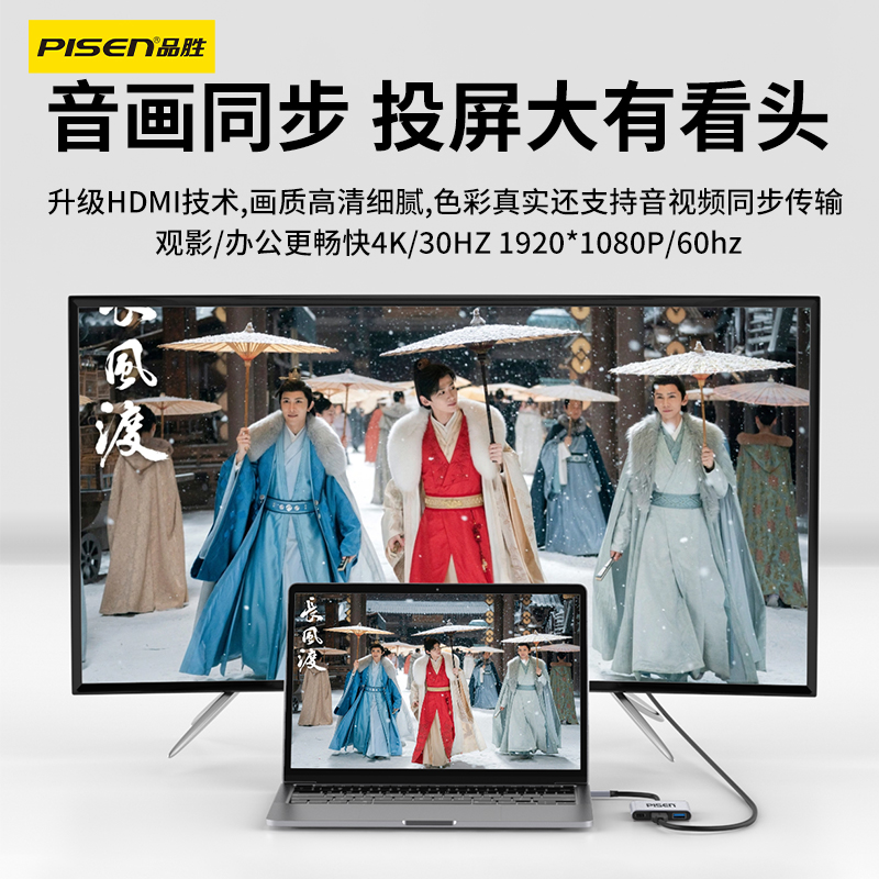 品胜typec转hdmi手机电脑电视投屏转换连接线笔记本投影仪适用iPhone15苹果16pro华为外接显示器4K直播同屏器
