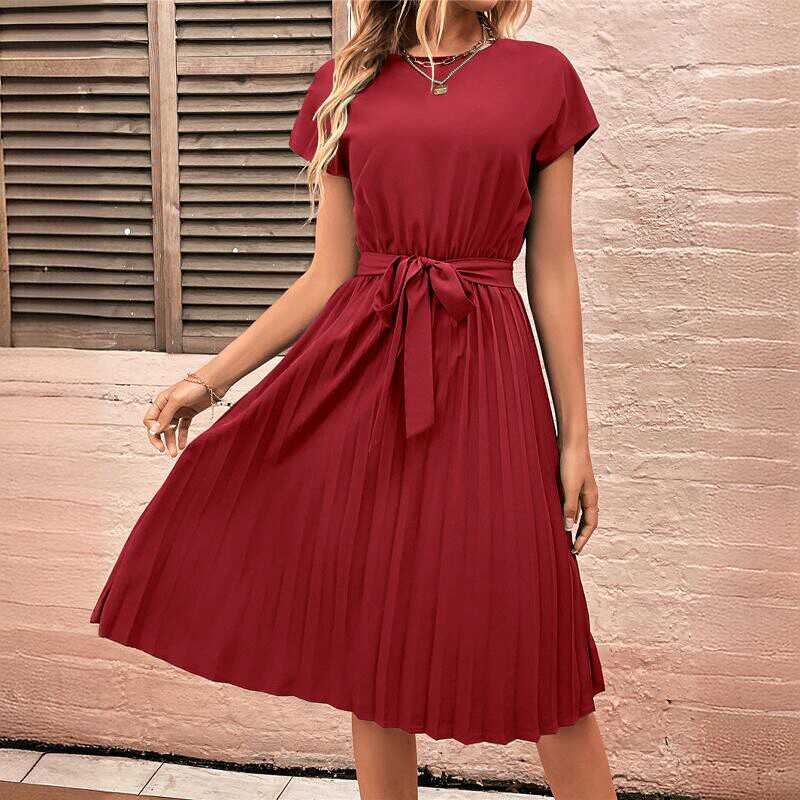 Summer vacation women's tie up solid color pleated dress女裙