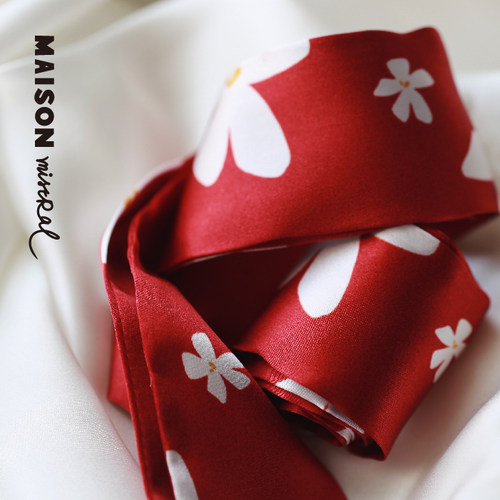 Maison Mistral 海岸之风 酒红茉莉真丝长丝巾绑包包细窄长条发带 - 图2