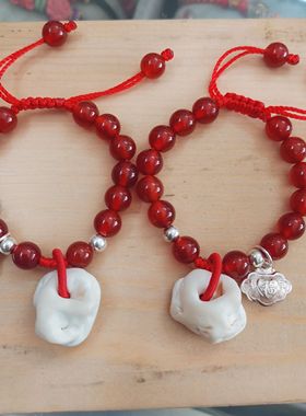 新款宝宝红玛瑙手链手工编绳新生儿猪精骨幼儿手链纯银配件防惊吓