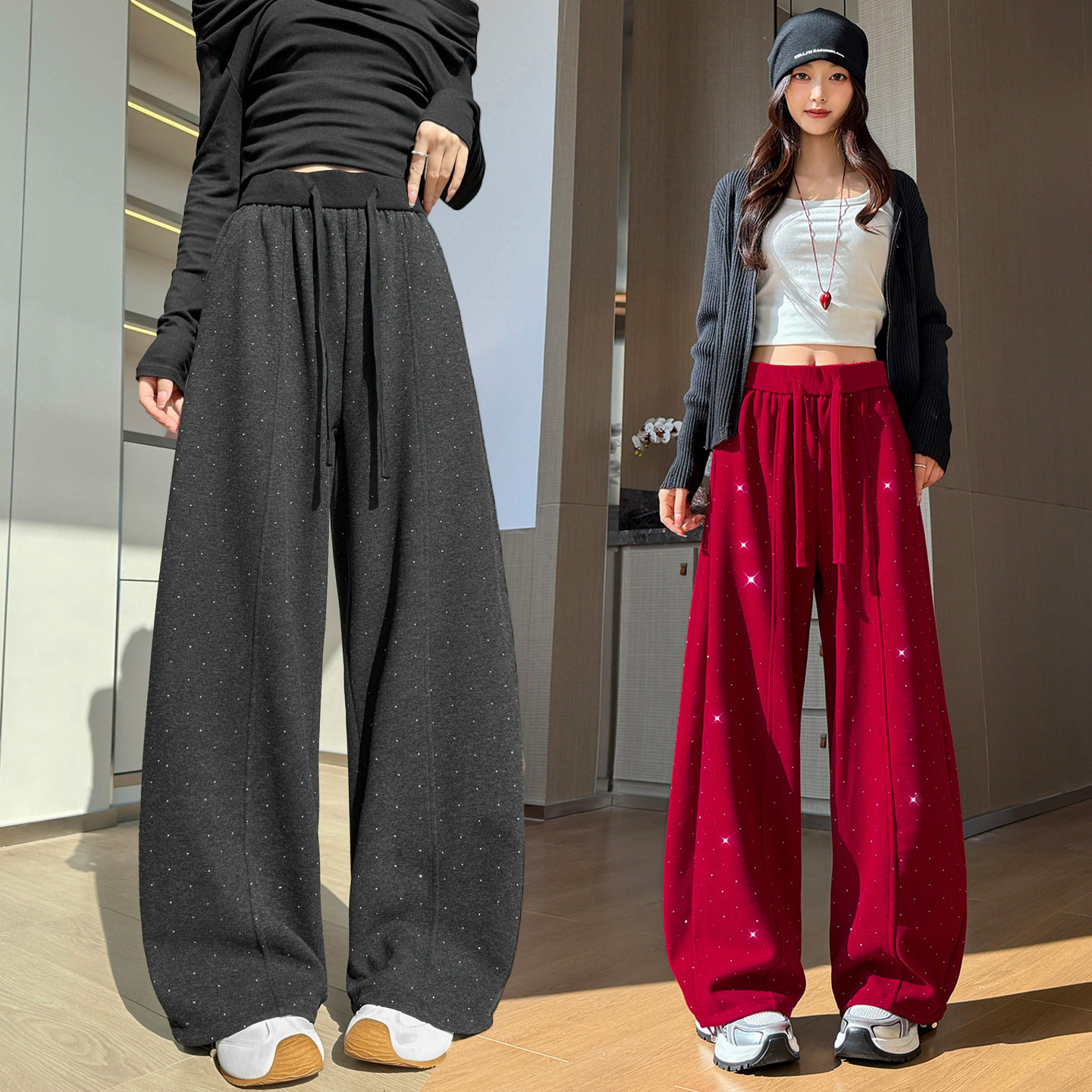 韩版亮钻阔腿裤女春季新款垂感中线直筒裤松弛宽松遮肉两穿休闲裤,淘宝优惠券,粉丝福利购,淘宝优惠卷