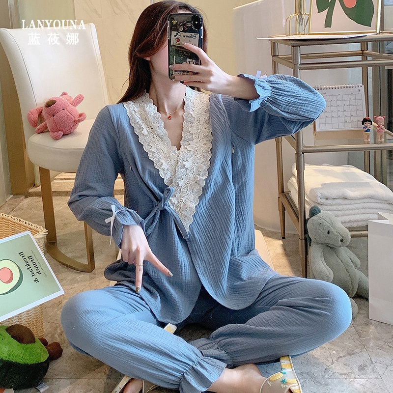 月子服春秋纯棉产后纱布7月份睡衣 蓝莜娜家居服套装