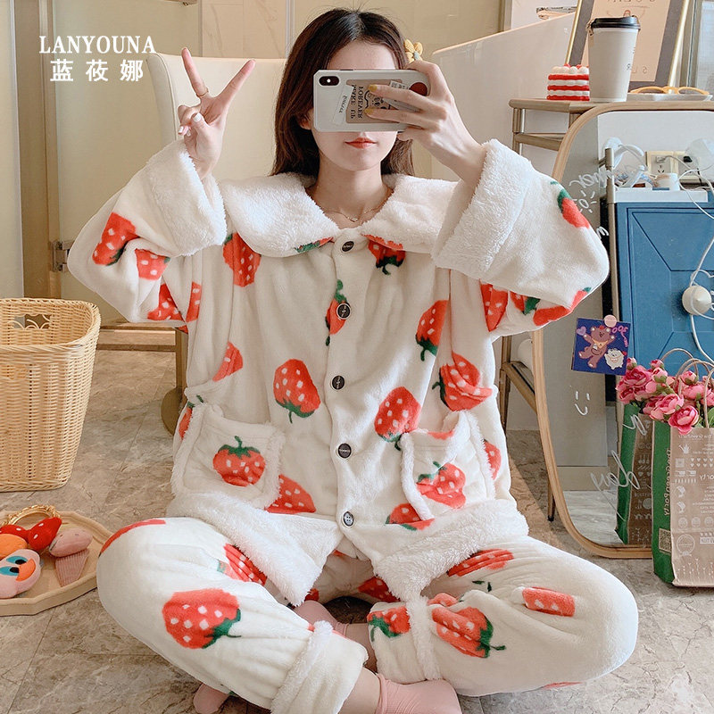 月子服秋冬季产后10月份11加绒睡衣 蓝莜娜家居服套装