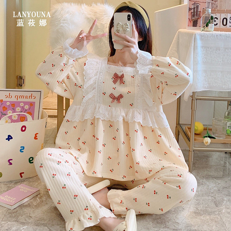 月子服秋冬季2月份3纯棉产后睡衣 蓝莜娜家居服套装