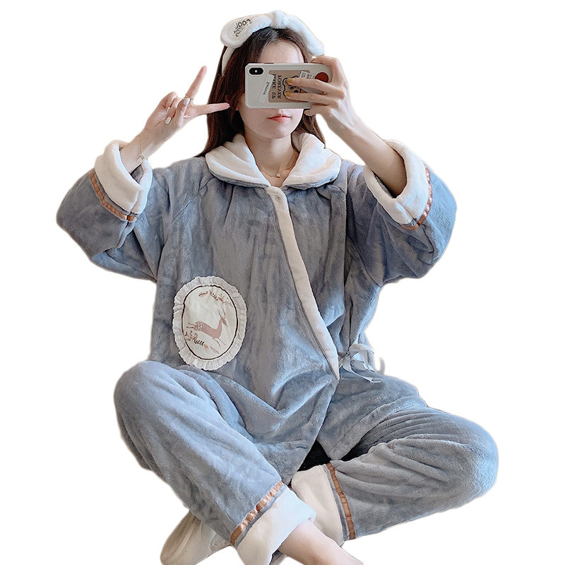 孕妇秋冬季月子服加绒珊瑚绒11睡衣 蓝莜娜家居服套装