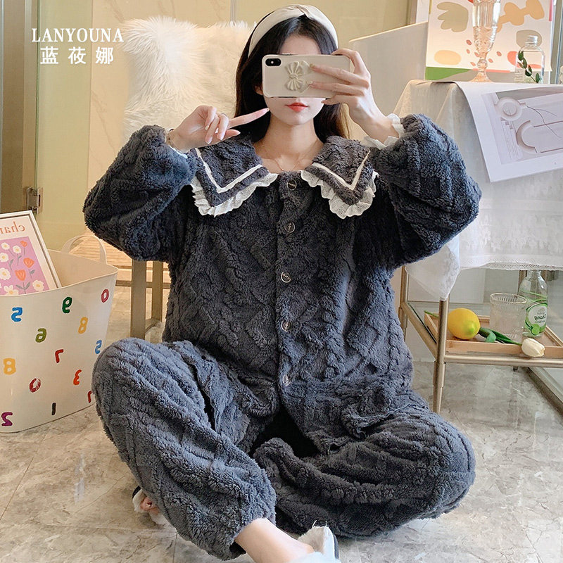 珊瑚绒月子服冬季产后2月份3睡衣 蓝莜娜家居服套装