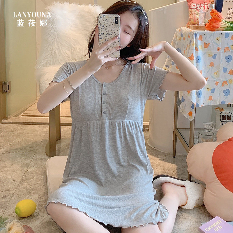 哺乳睡裙夏季莫代尔月子服连衣裙 蓝莜娜家居裙
