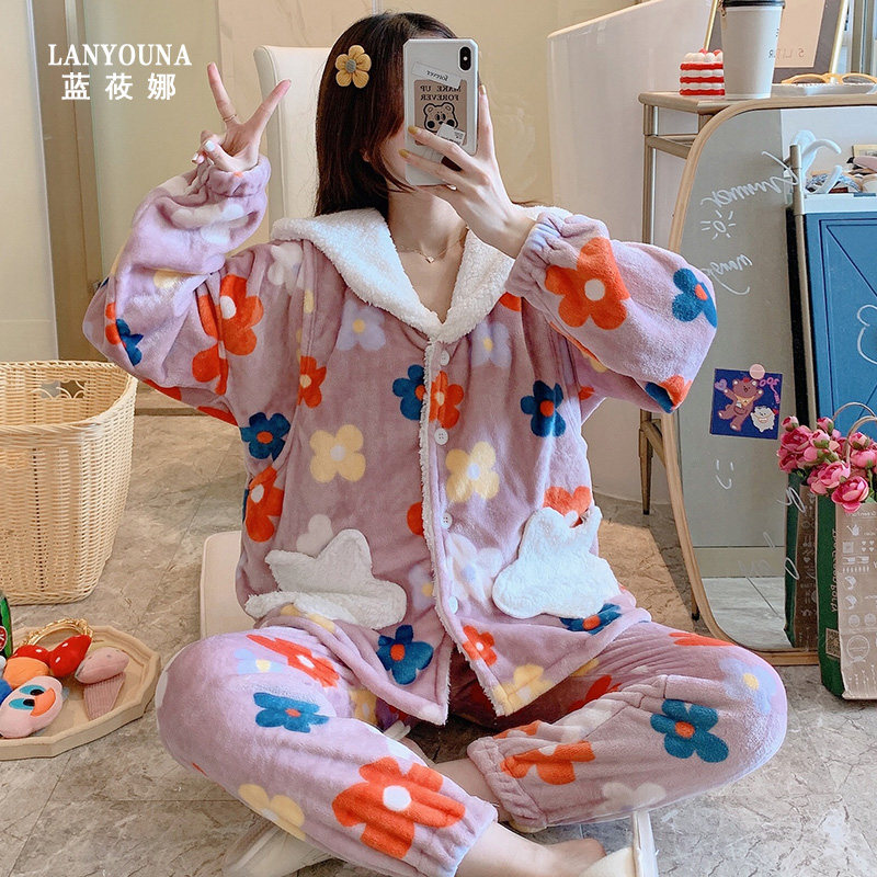 月子服秋冬季产后10月份11加绒睡衣 蓝莜娜家居服套装