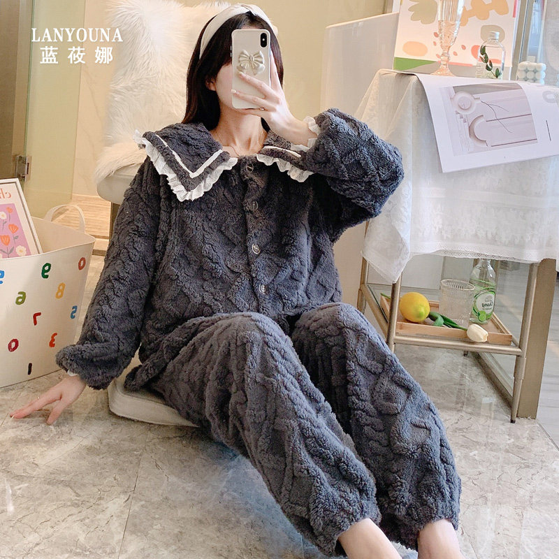 珊瑚绒月子服冬季产后2月份3睡衣 蓝莜娜家居服套装