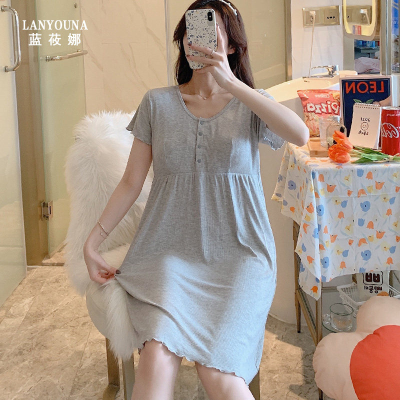 哺乳睡裙夏季莫代尔月子服连衣裙 蓝莜娜家居裙