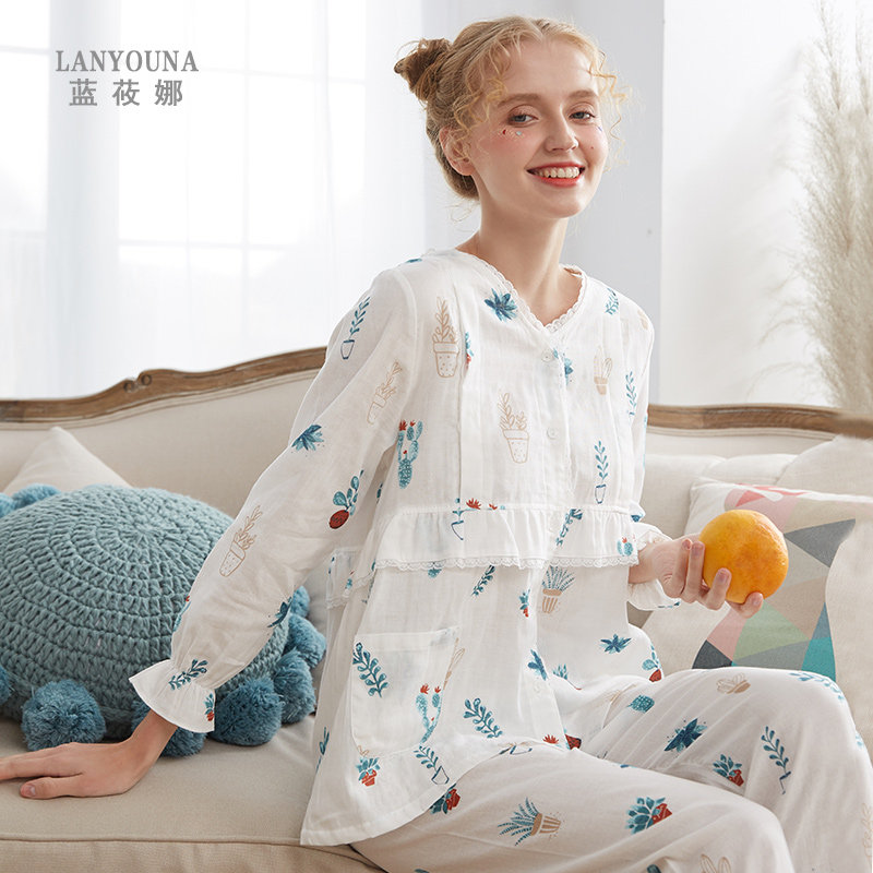 月子服春秋纯棉产后孕产妇6 7睡衣 蓝莜娜家居服套装