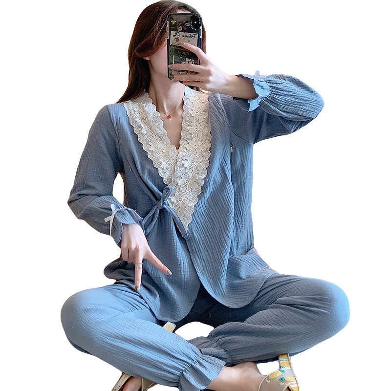 孕妇夏季纯棉纱布月子服哺乳期睡衣 蓝莜娜家居服套装