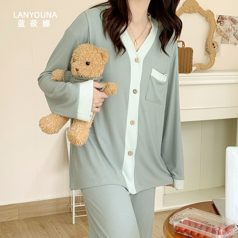 莫代尔月子服夏季5月份6产后睡衣 蓝莜娜家居服套装