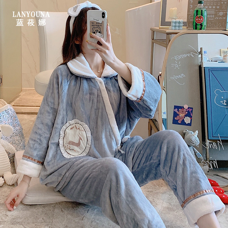 孕妇秋冬季月子服加绒珊瑚绒11睡衣 蓝莜娜家居服套装
