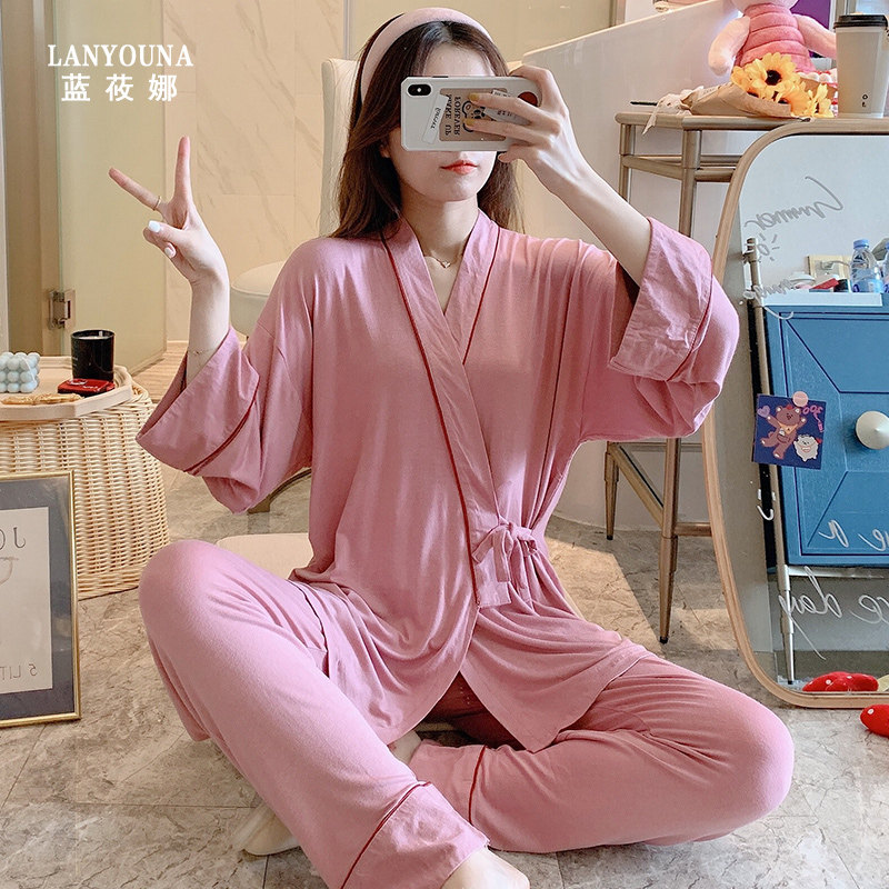 月子服夏薄款产后莫代尔喂奶9睡衣 蓝莜娜家居服套装