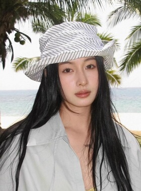 褶皱条纹渔夫帽女夏季覆古小礼帽显脸小平顶帽子棉麻薄款遮阳盆帽