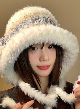 可爱的羊耳对比色长毛绒冬季女士帽k型多功能露脸小帽保暖护耳雷