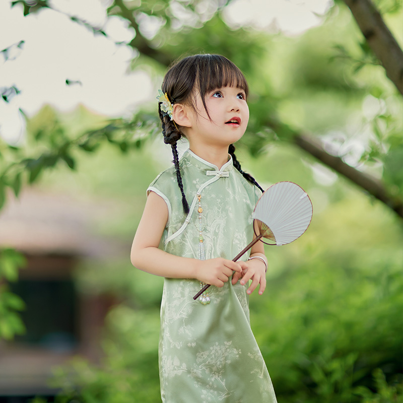 萌乎.夏无眠 女童真丝旗袍儿童改良新中式唐装宝宝高端礼服抓周服 - 图0