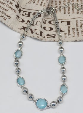 金属拼接女蓝色月光石项链颈链