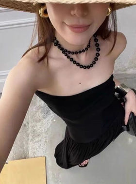 美式中性风黑色渐变大小串珠项链时尚气质锁骨链女个性百搭颈链