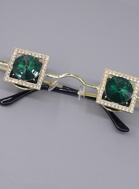 高端方框墨镜男女通用偏光太阳镜绿色水钻潮设计感凹造型