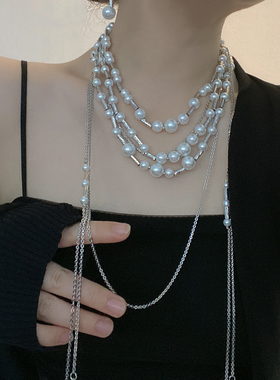 复古珍珠多层女长款流苏锁骨链