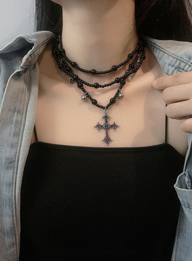 暗黑哥特重工黑色设计多层项链串珠十字架高级古着双层长款毛衣链