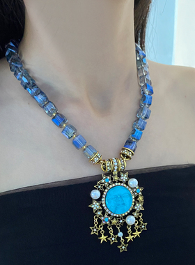 水晶串珠女镶钻蓝色星星项链