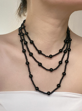 珍珠圆珠女大小黑色长款项链颈链