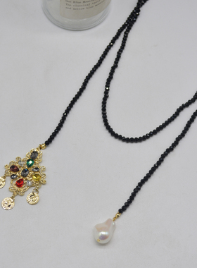 金属串珠女黑色晶石项链锁骨链
