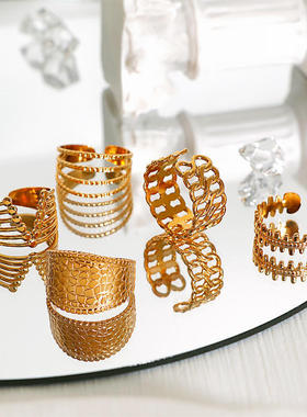 跨境新款欧美活口戒指镀18k金图案花纹钛钢开口不锈钢戒指女