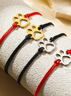 钛钢四叶草猫爪红绳手链