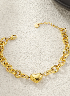 欧美跨境爆款粗链爱心手链小众设计冷淡风金属感不锈钢嘻哈手饰