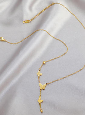 中国风蝴蝶流苏项18K金钛钢ins风新款锁骨项链生日礼物情人节项