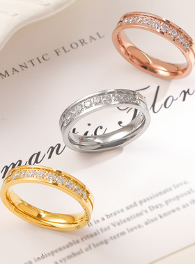 跨境新款钛钢镶钻戒指镀18K金