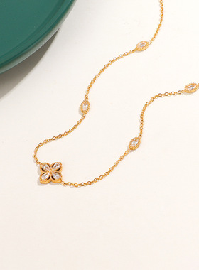 日韩ins风钛钢白钻四叶草项链